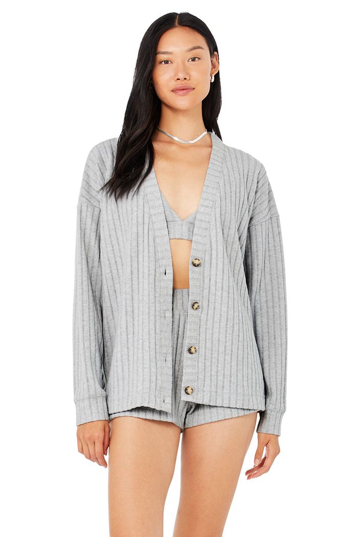 Alo Yoga Ribbed Take Comfort Women's Cardigan Grey | 50EPZHRNX