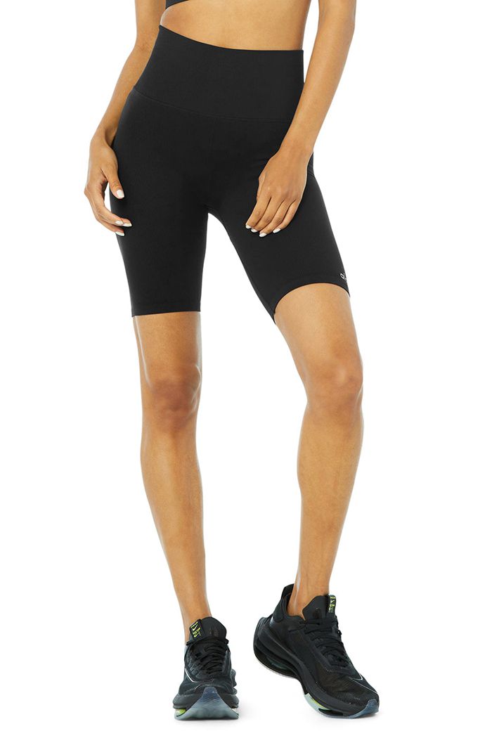 Alo Yoga Seamless High-Waist Ribbed Biker Women's Short Black | 17ICDXYKR