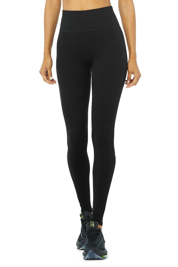 Alo Yoga Seamless High-Waist Ribbed Women's Leggings Black | 02PAHKXBQ