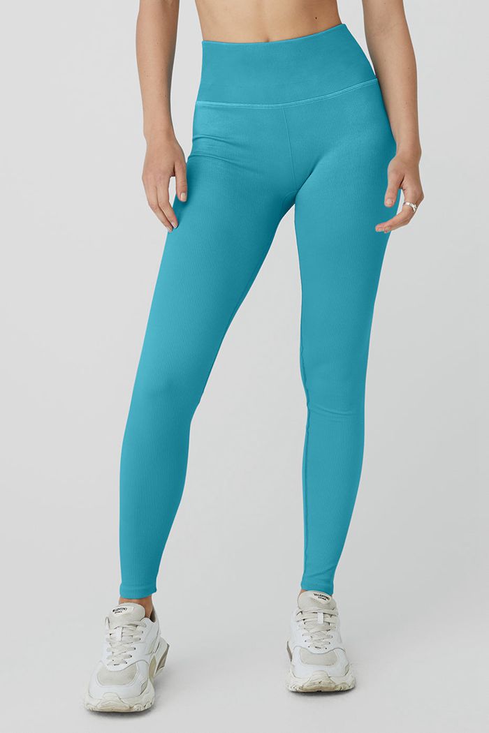 Alo Yoga Seamless High-Waist Ribbed Women's Leggings Blue | 19EQDRIOF