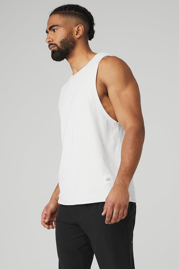 Alo Yoga Society Men's Tank Tops White | 10QODFYAP