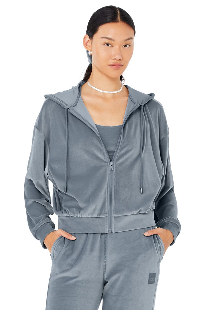 Alo Yoga Velour Glimmer Full Zip Women's Hoodie Grey | 83BOZMXKJ