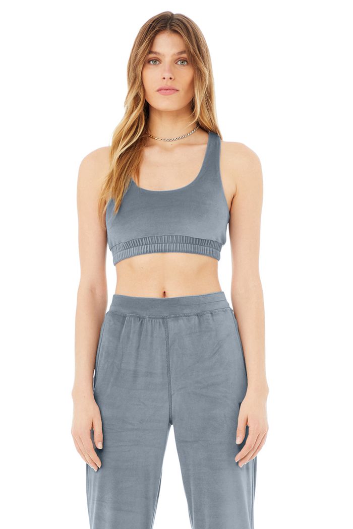 Alo Yoga Velour Glimmer Scoop Neck Women's Bras Grey | 03GDUORVB