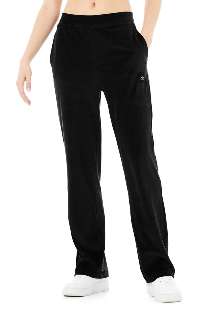 Alo Yoga Velour High-Waist Glimmer Wide Leg Women's Pants Black | 69EUYRGXW