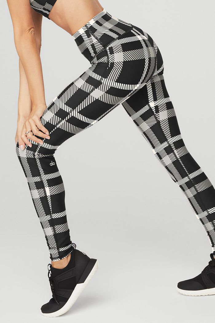 Alo Yoga Airlift High-Waist Magnified Plaid Women's Leggings Black White | 24JNFLIYV