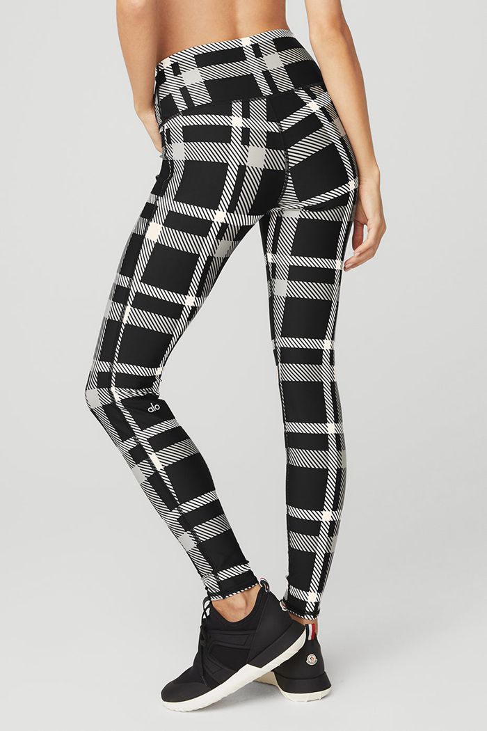 Alo Yoga Airlift High-Waist Magnified Plaid Women's Leggings Black White | 24JNFLIYV