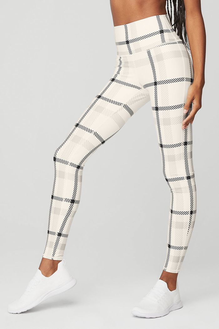 Alo Yoga Airlift High-Waist Magnified Plaid Women's Leggings White Black | 53MJAXYCO