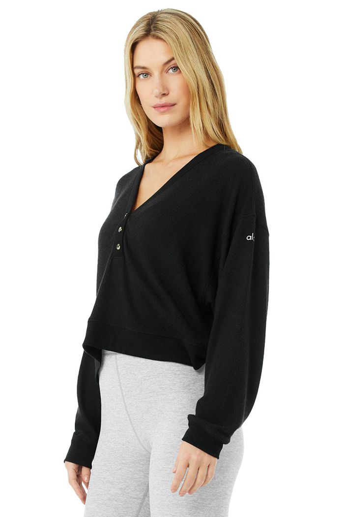 Alo Yoga Alolux Soho Crop Henley Women's Long Sleeve Black | 36OLFTUIS