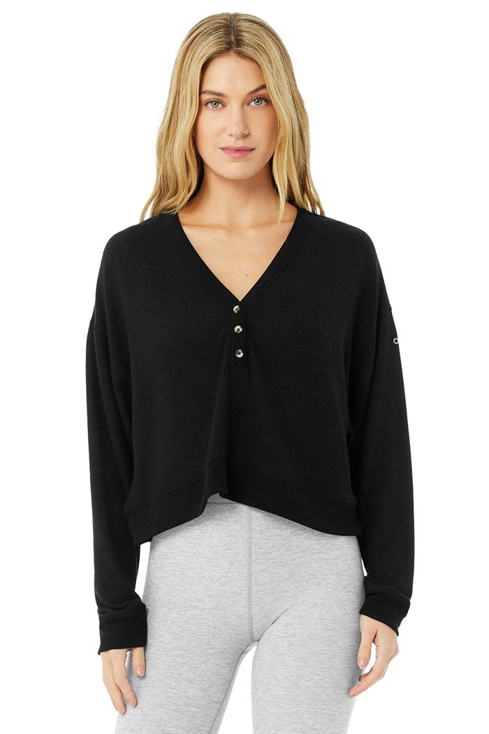 Alo Yoga Alolux Soho Crop Henley Women\'s Long Sleeve Black | 36OLFTUIS