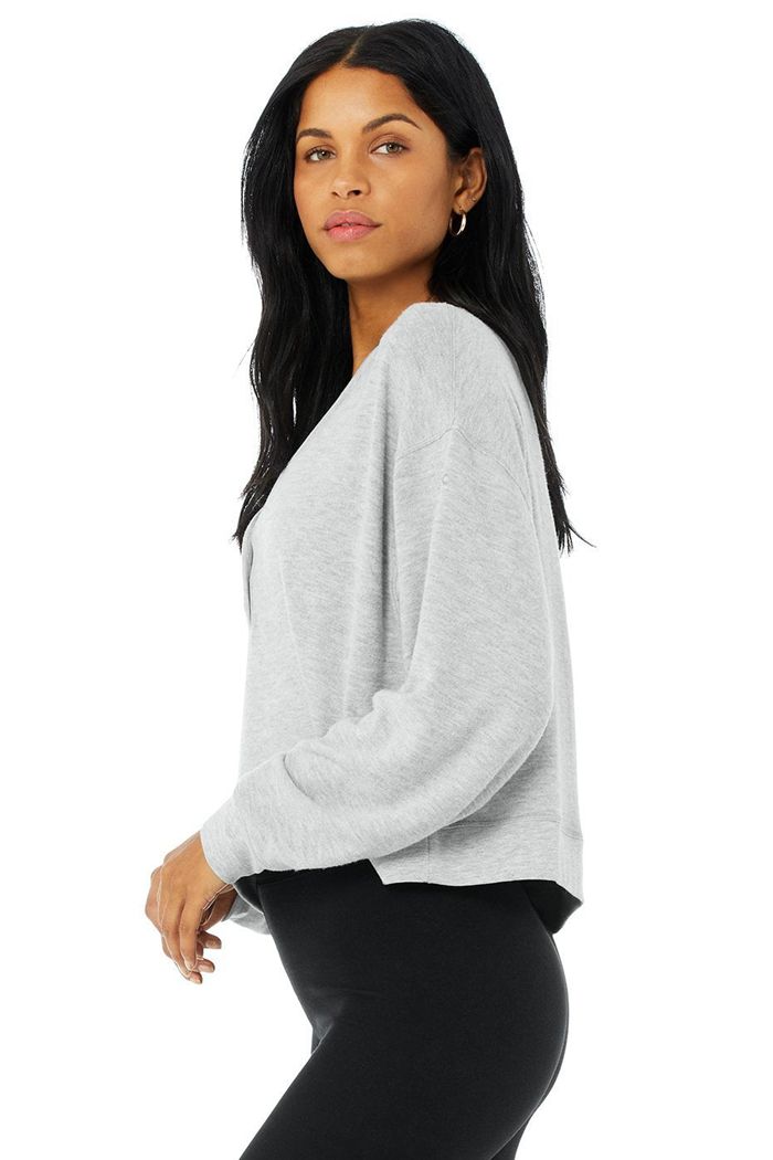 Alo Yoga Alolux Soho Crop Henley Women's Long Sleeve Grey | 68UYHRFVX