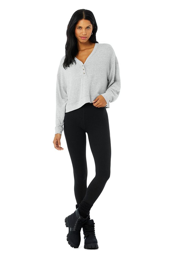 Alo Yoga Alolux Soho Crop Henley Women's Long Sleeve Grey | 68UYHRFVX