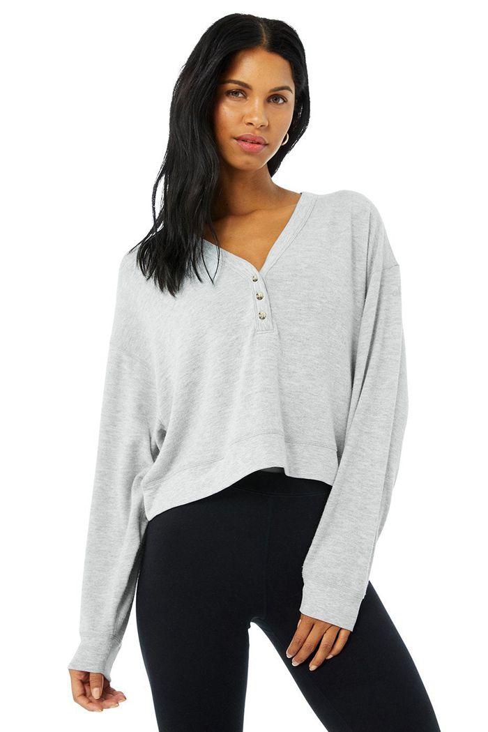 Alo Yoga Alolux Soho Crop Henley Women\'s Long Sleeve Grey | 68UYHRFVX