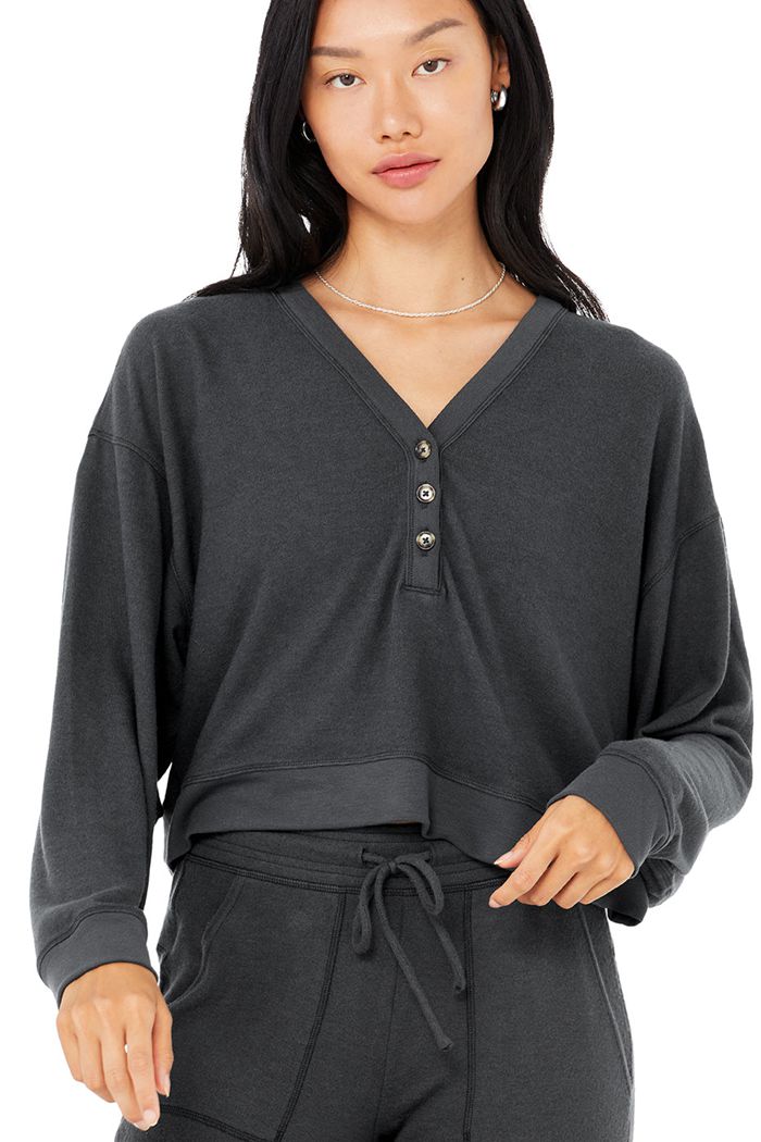 Alo Yoga Alolux Soho Cropped Henley Women's Long Sleeve Dark Grey | 09COIEGWY