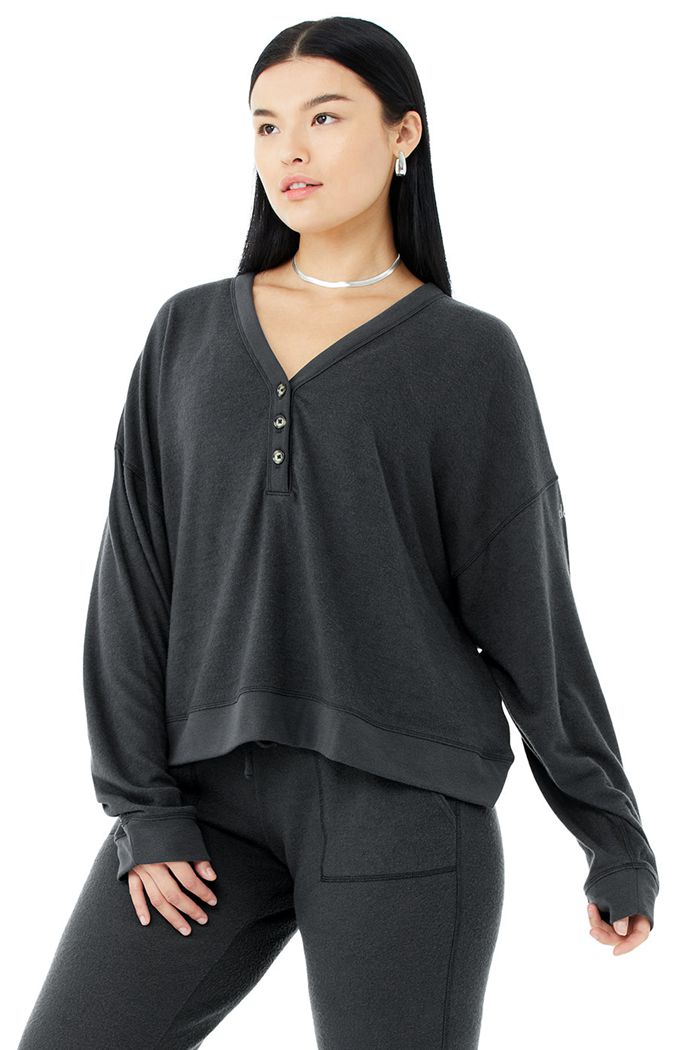 Alo Yoga Alolux Soho Cropped Henley Women's Long Sleeve Dark Grey | 09COIEGWY