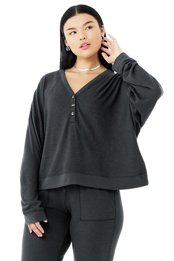 Alo Yoga Alolux Soho Cropped Henley Women's Long Sleeve Dark Grey | 09COIEGWY