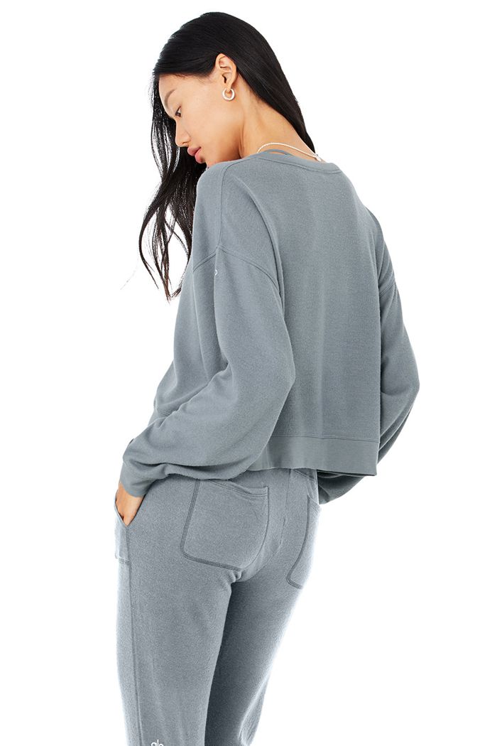 Alo Yoga Alolux Soho Cropped Henley Women's Long Sleeve Grey | 46JNAWHGU