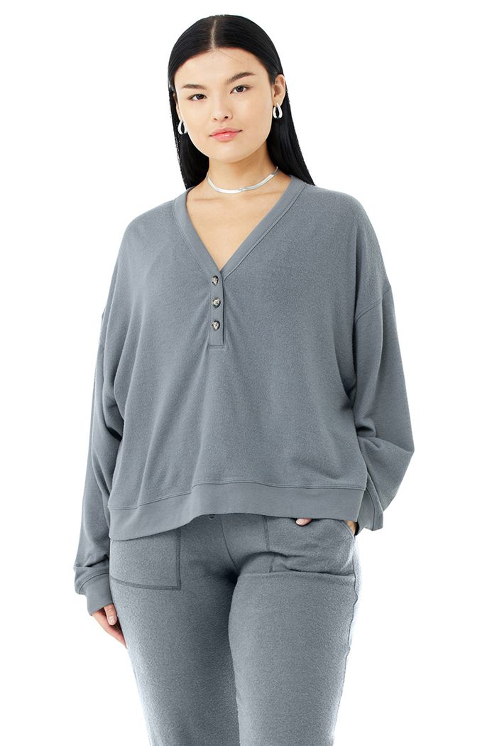 Alo Yoga Alolux Soho Cropped Henley Women's Long Sleeve Grey | 46JNAWHGU