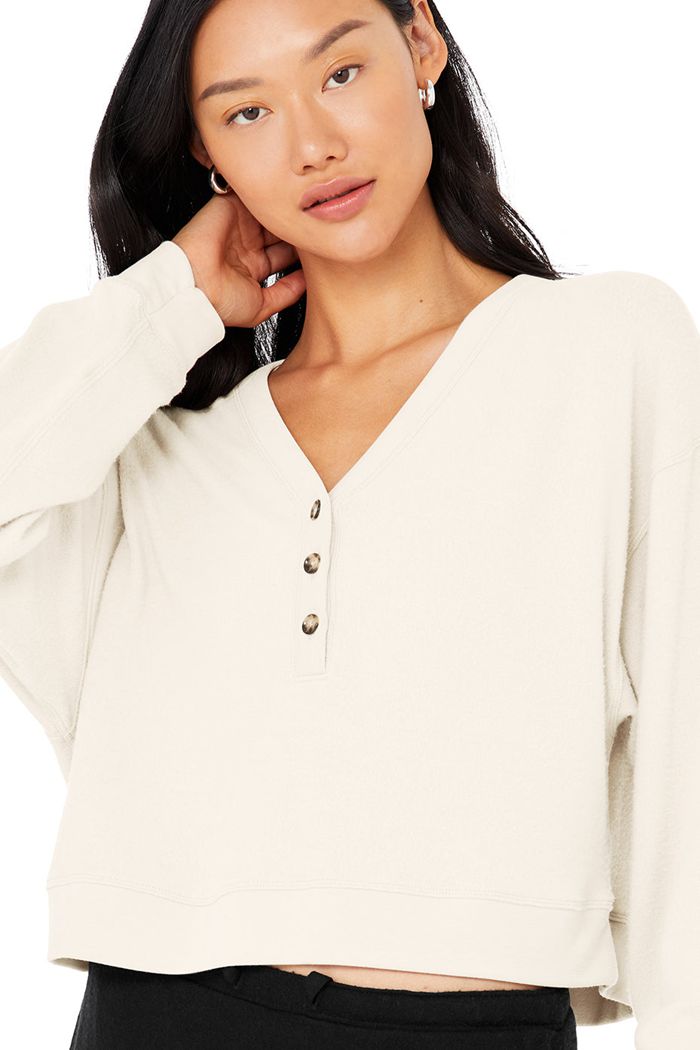 Alo Yoga Alolux Soho Cropped Henley Women's Long Sleeve White | 64GVUTDFM