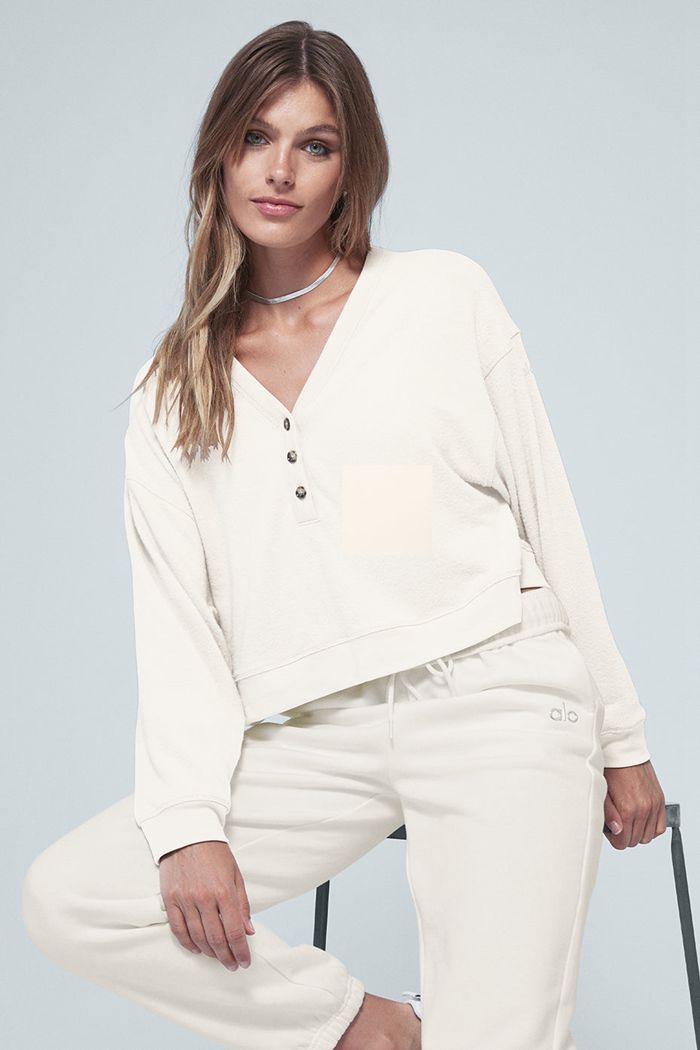 Alo Yoga Alolux Soho Cropped Henley Women's Long Sleeve White | 64GVUTDFM