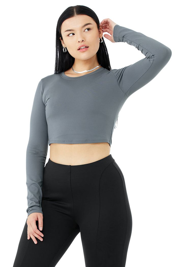 Alo Yoga Alosoft Crop Finesse Women's Long Sleeve Grey | 56QKBVGJO