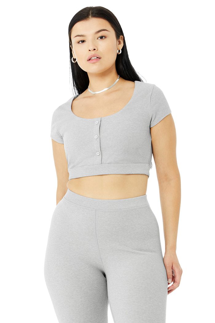 Alo Yoga Blissful Henley Women's Bras Grey | 03JUHQRNL