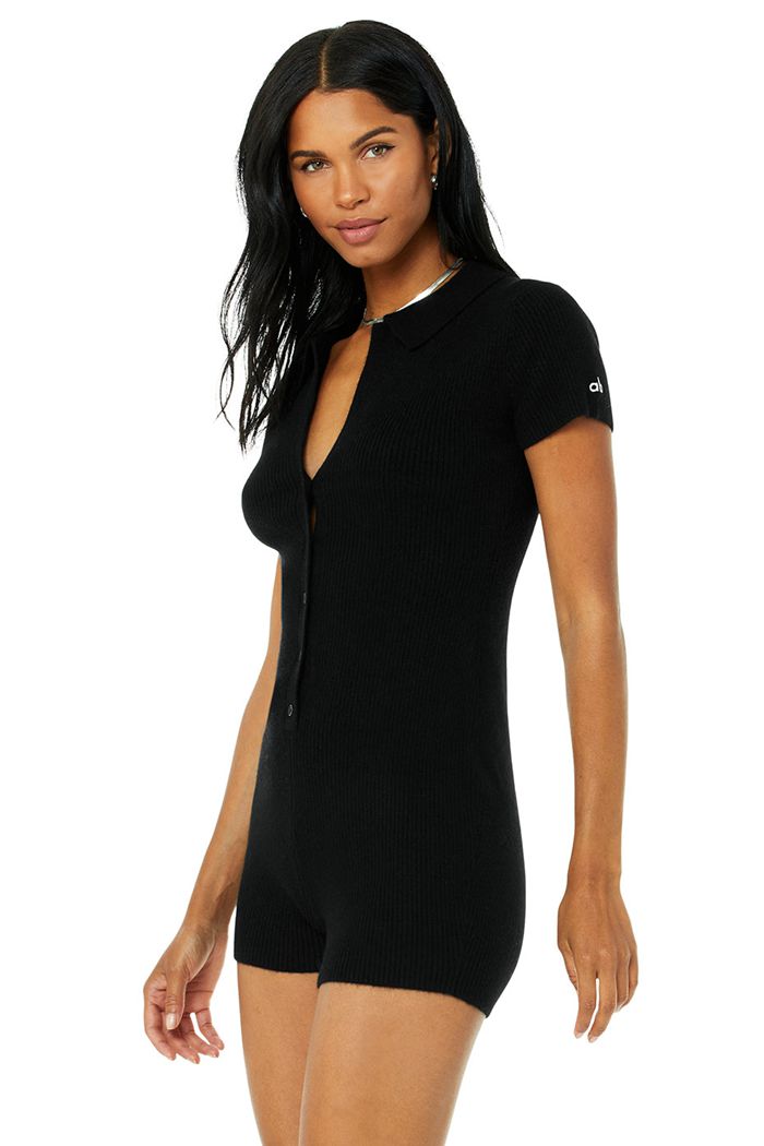 Alo Yoga Cashmere Ribbed Staycation Playsuit Women's Playsuit Black | 31FXOIEVB