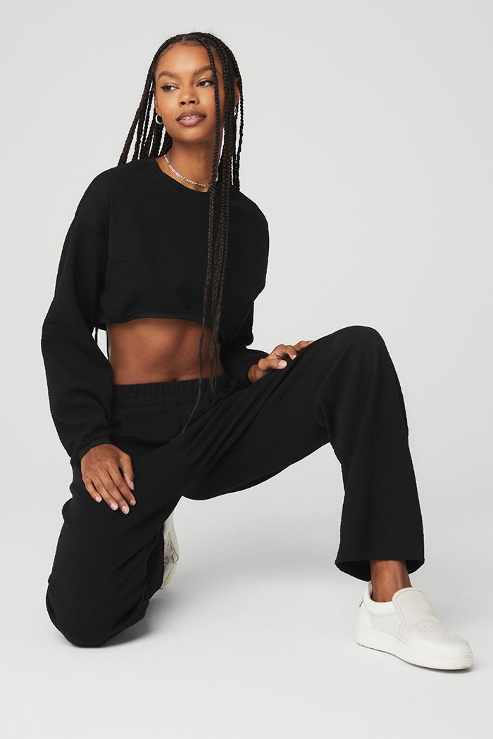 Alo Yoga Cropped Tailored Crew Neck Women's Long Sleeve Black | 51RPUXLJD