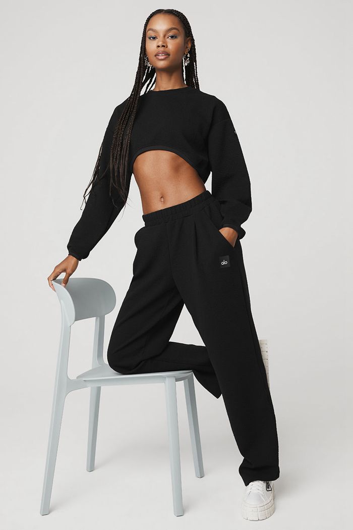 Alo Yoga Cropped Tailored Crew Neck Women's Long Sleeve Black | 51RPUXLJD