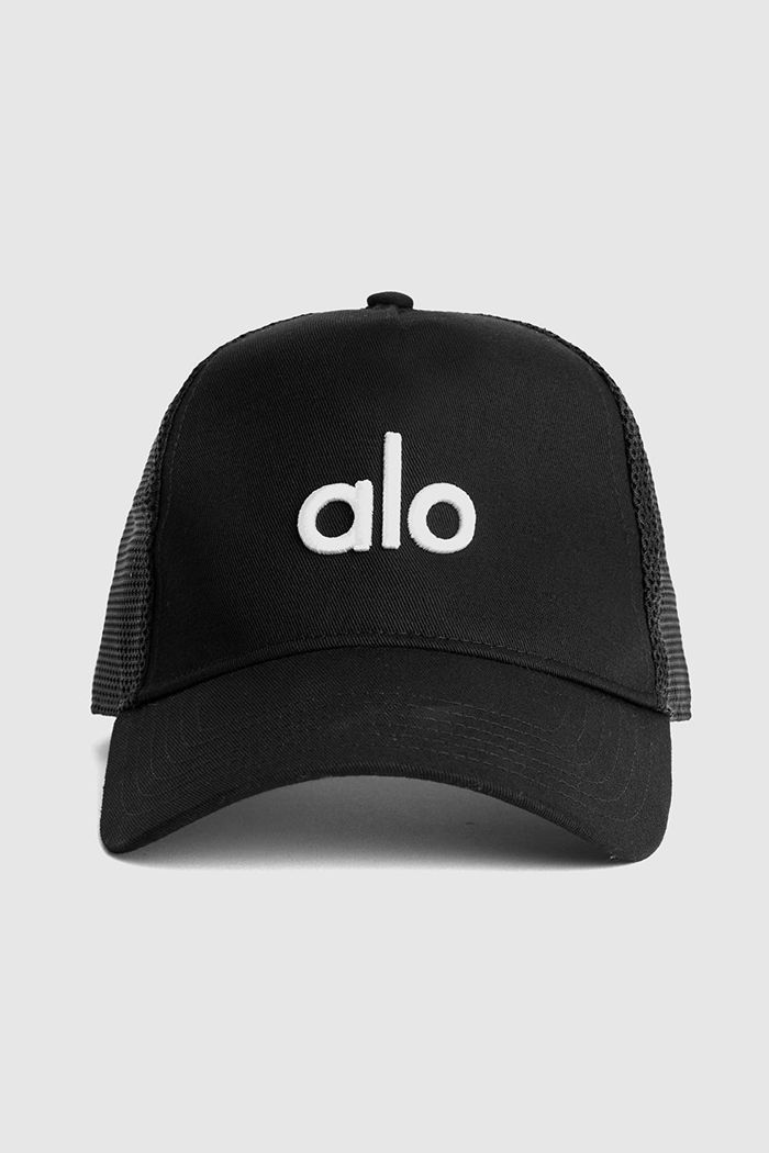 Alo Yoga District Trucker Men's Hats Black White | 36CIQHFPV