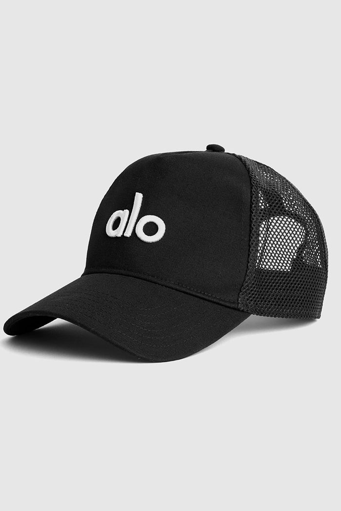 Alo Yoga District Trucker Men\'s Hats Black White | 36CIQHFPV