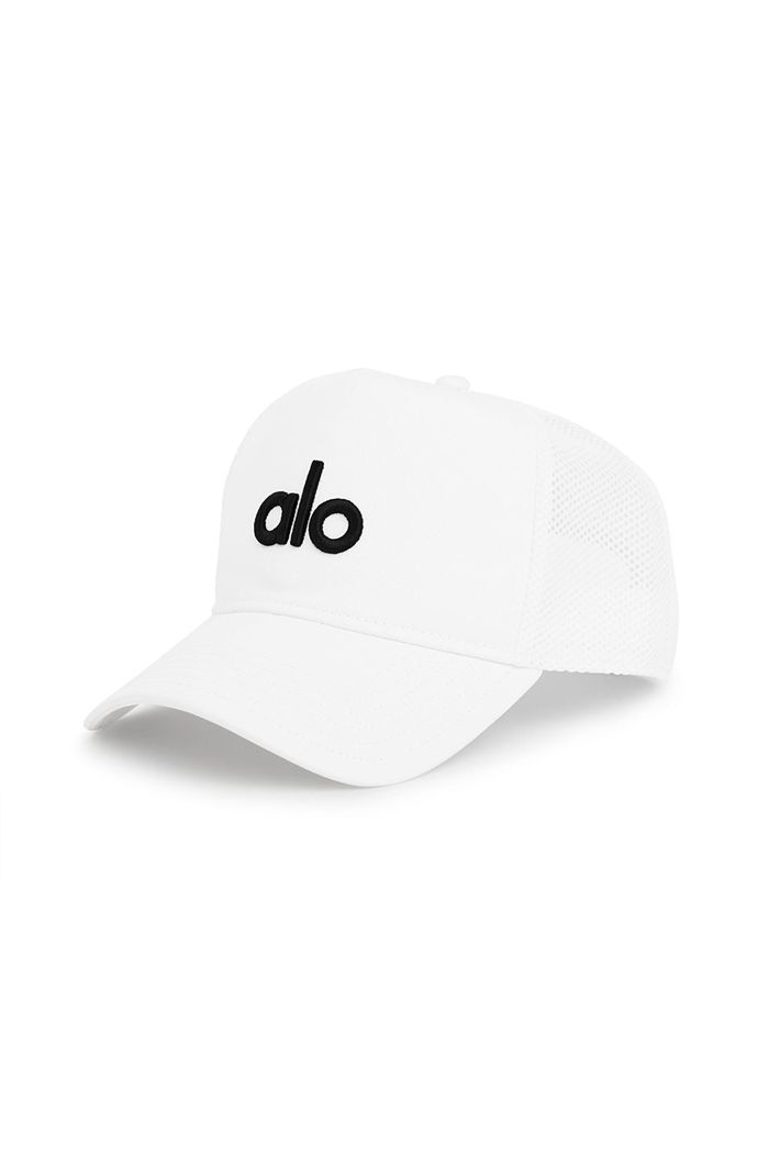 Alo Yoga District Trucker Men\'s Hats White | 54IHAWDXY