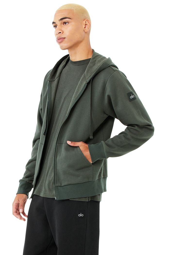 Alo Yoga Everyday Full Zip Men\'s Hoodie Dark Green | 39YVGQWMS