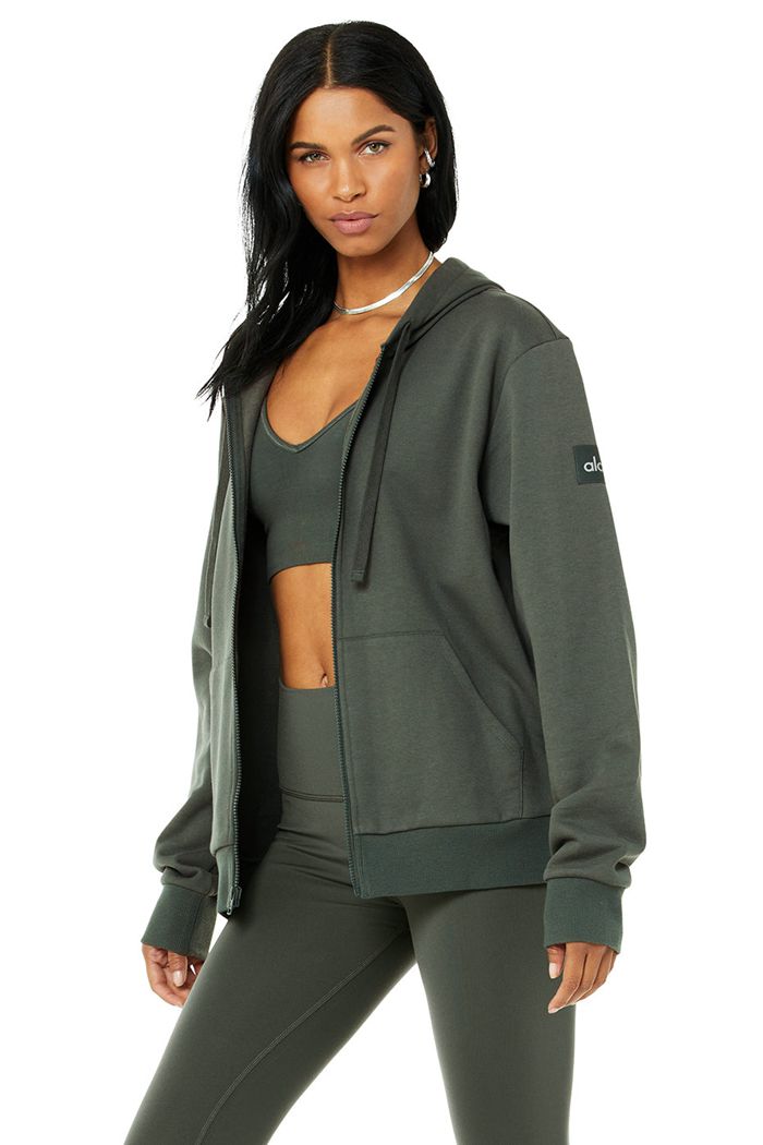 Alo Yoga Everyday Full Zip Women's Hoodie Dark Green | 56YPUAWIG