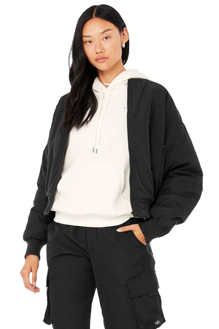 Alo Yoga Faux Fur Urbanite Bomber Women's Jackets Black White | 47CHNRDMU