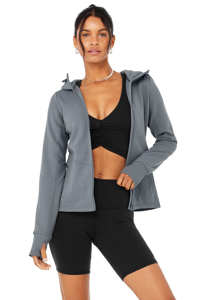 Alo Yoga Foundation Zip Women's Hoodie Grey | 90KWGNJYV