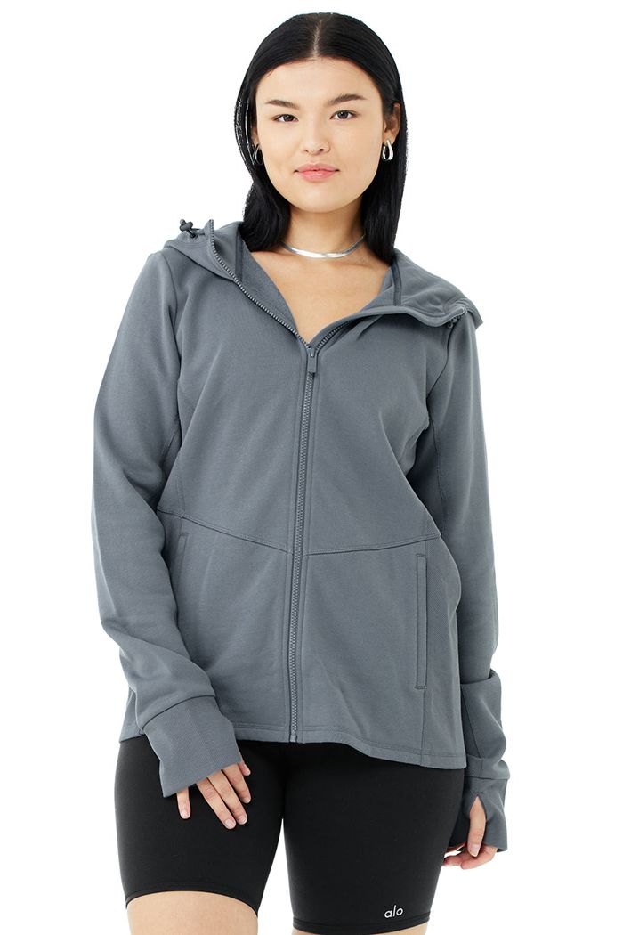 Alo Yoga Foundation Zip Women's Hoodie Grey | 90KWGNJYV