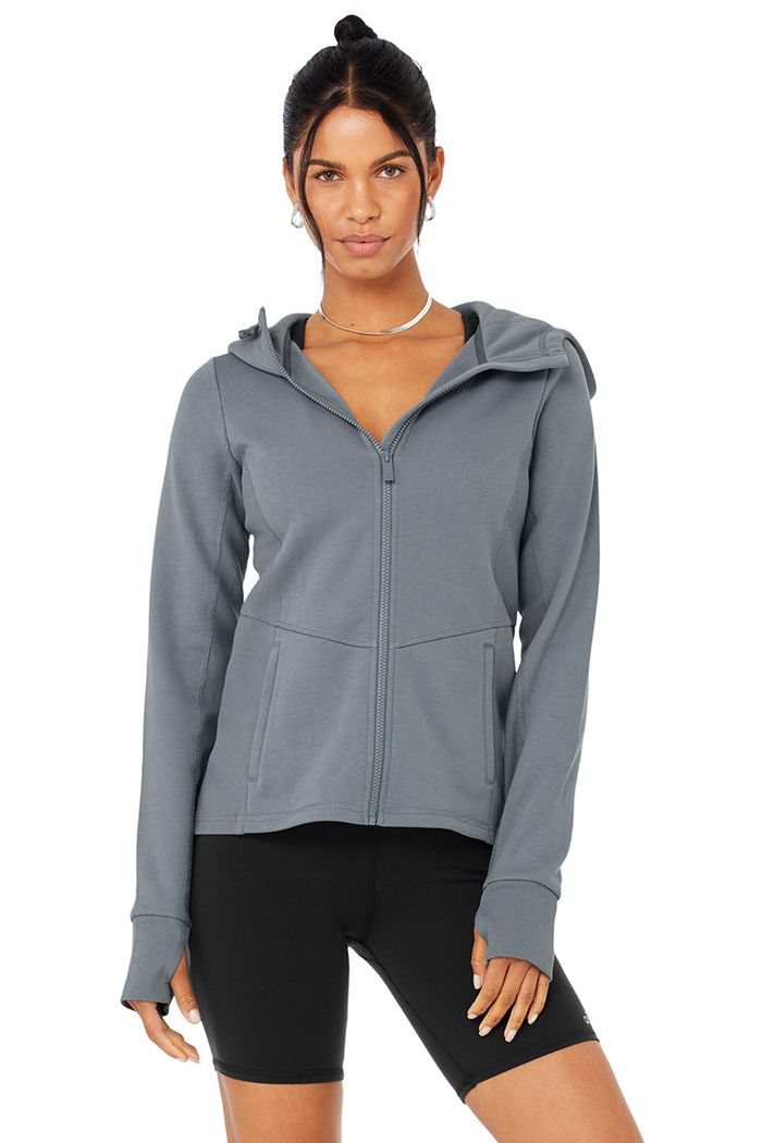 Alo Yoga Foundation Zip Women\'s Hoodie Grey | 90KWGNJYV