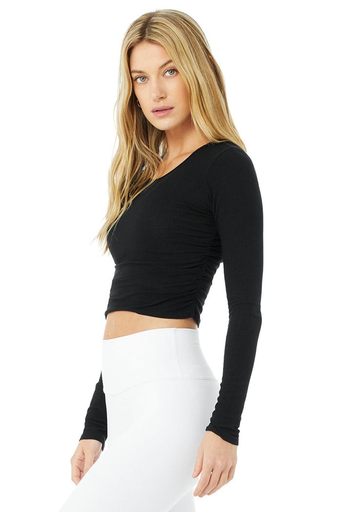 Alo Yoga Gather Women's Long Sleeve Black | 59FWKIBTY