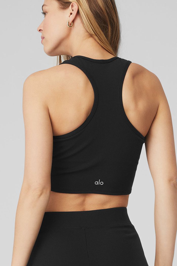 Alo Yoga Goddess Ribbed Cropped Racerback Women's Tank Tops Black | 14XGTMRWV