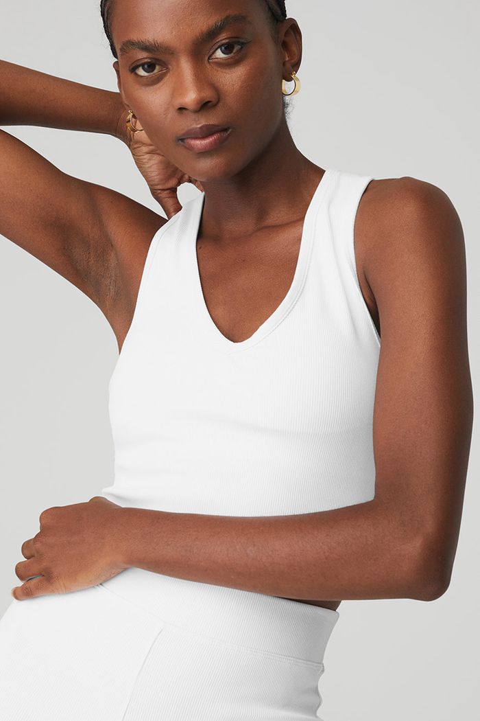 Alo Yoga Goddess Ribbed Cropped Racerback Women's Tank Tops White | 92JCFZAQR