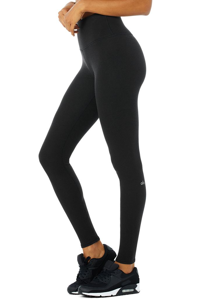 Alo Yoga High-Waist Micro Waffle LowKey Women's Leggings Black | 02HEQTIYX