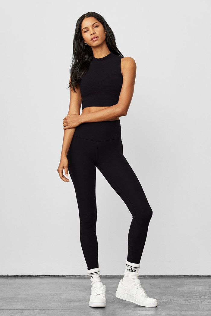 Alo Yoga High-Waist Micro Waffle LowKey Women's Leggings Black | 02HEQTIYX