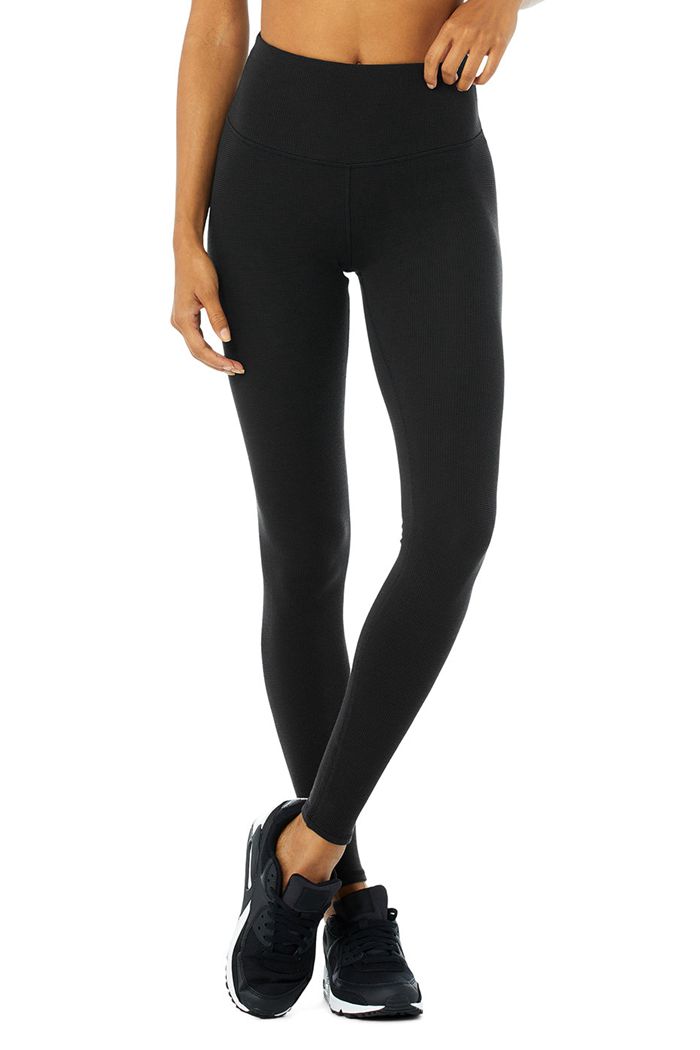 Alo Yoga High-Waist Micro Waffle LowKey Women\'s Leggings Black | 02HEQTIYX