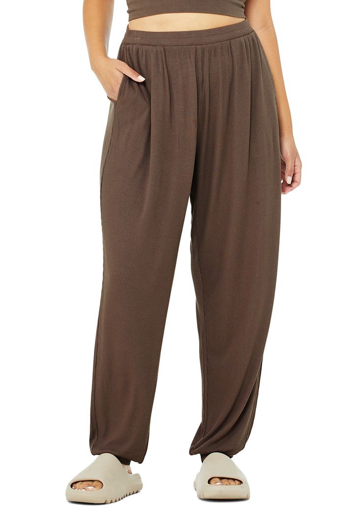 Alo Yoga High-Waist Ribbed Whisper Women's Pants Brown | 96NEUVSLO