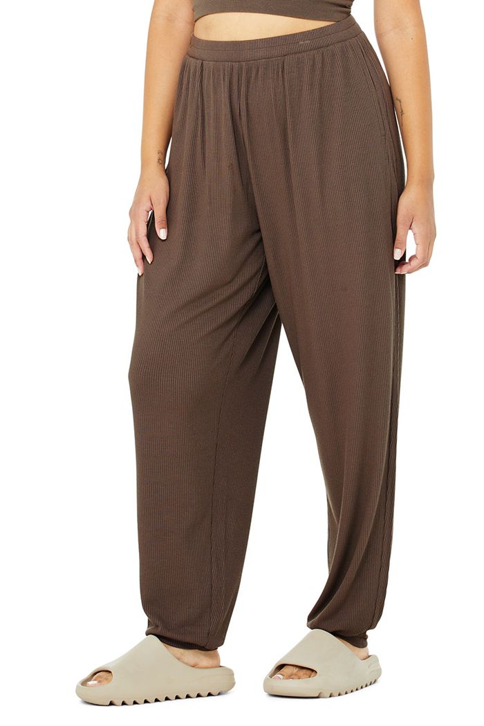 Alo Yoga High-Waist Ribbed Whisper Women's Pants Brown | 96NEUVSLO