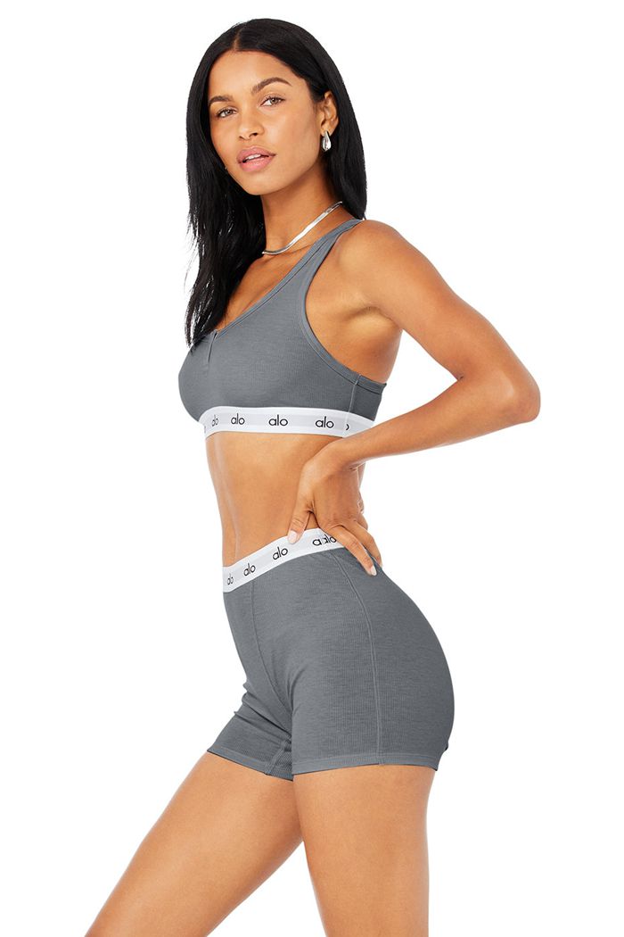 Alo Yoga Icon Ribbed Henley Women's Bras Grey | 28IQXYHZE