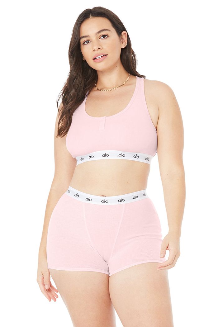 Alo Yoga Icon Ribbed Henley Women's Bras Pink | 64XVAPUIW