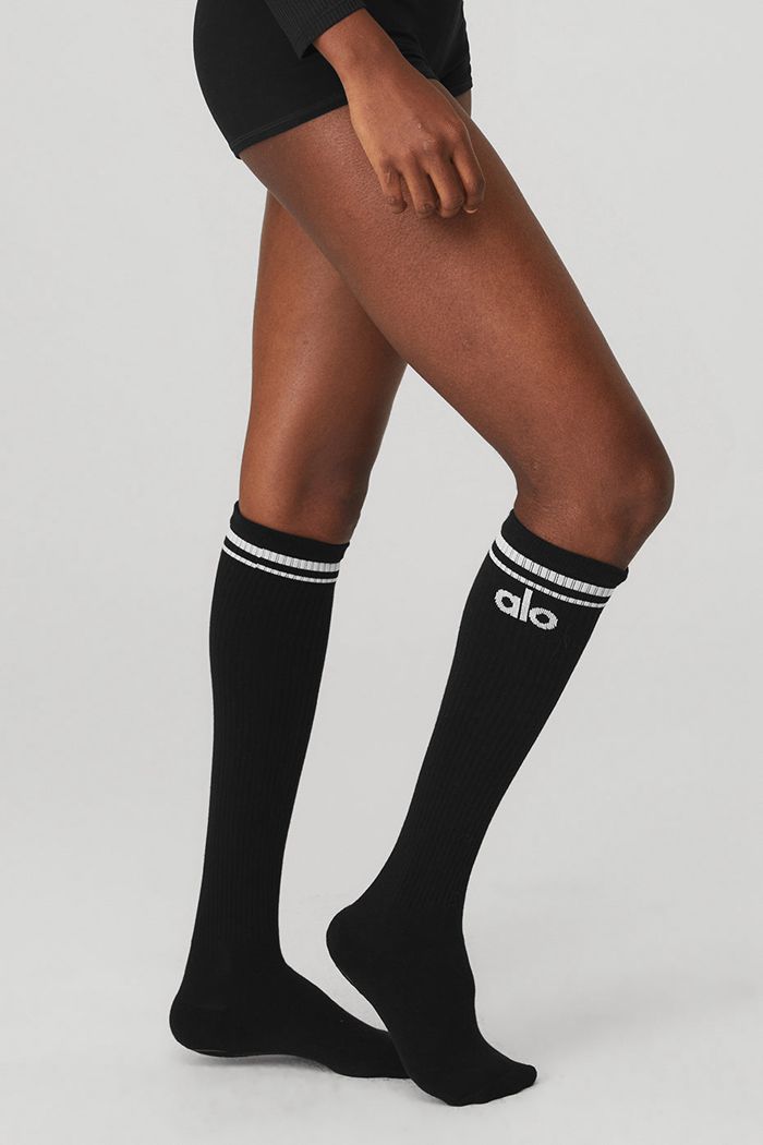 Alo Yoga Knee-High Throwback Barre Women's Socks Black White | 47VIJXQEZ