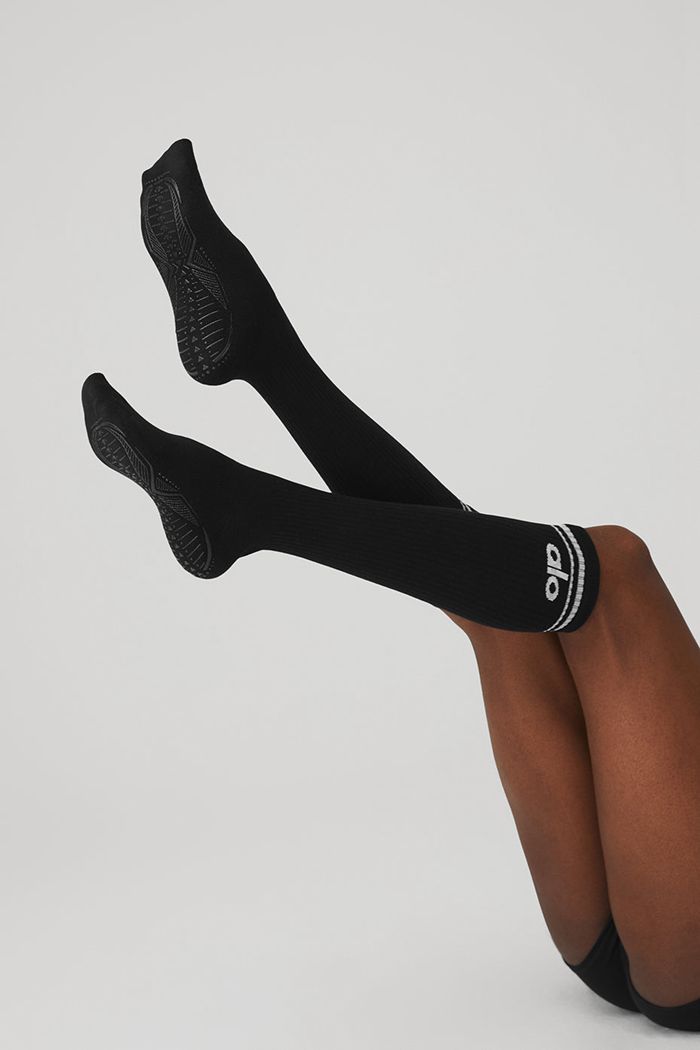 Alo Yoga Knee-High Throwback Barre Women's Socks Black White | 47VIJXQEZ