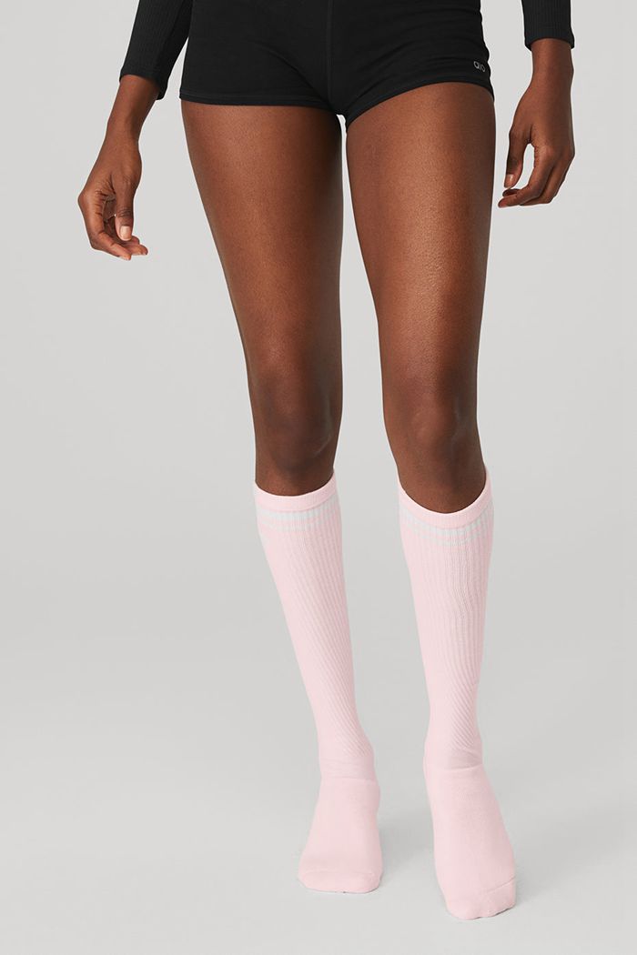 Alo Yoga Knee-High Throwback Barre Women's Socks Pink White | 97EZJHFWL